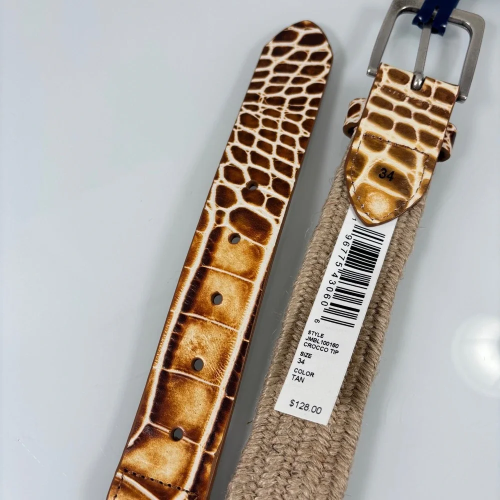 johnnie-O Mens 34 Tan Belt New Crocco Tip Woven Braided Leather JMBL100160